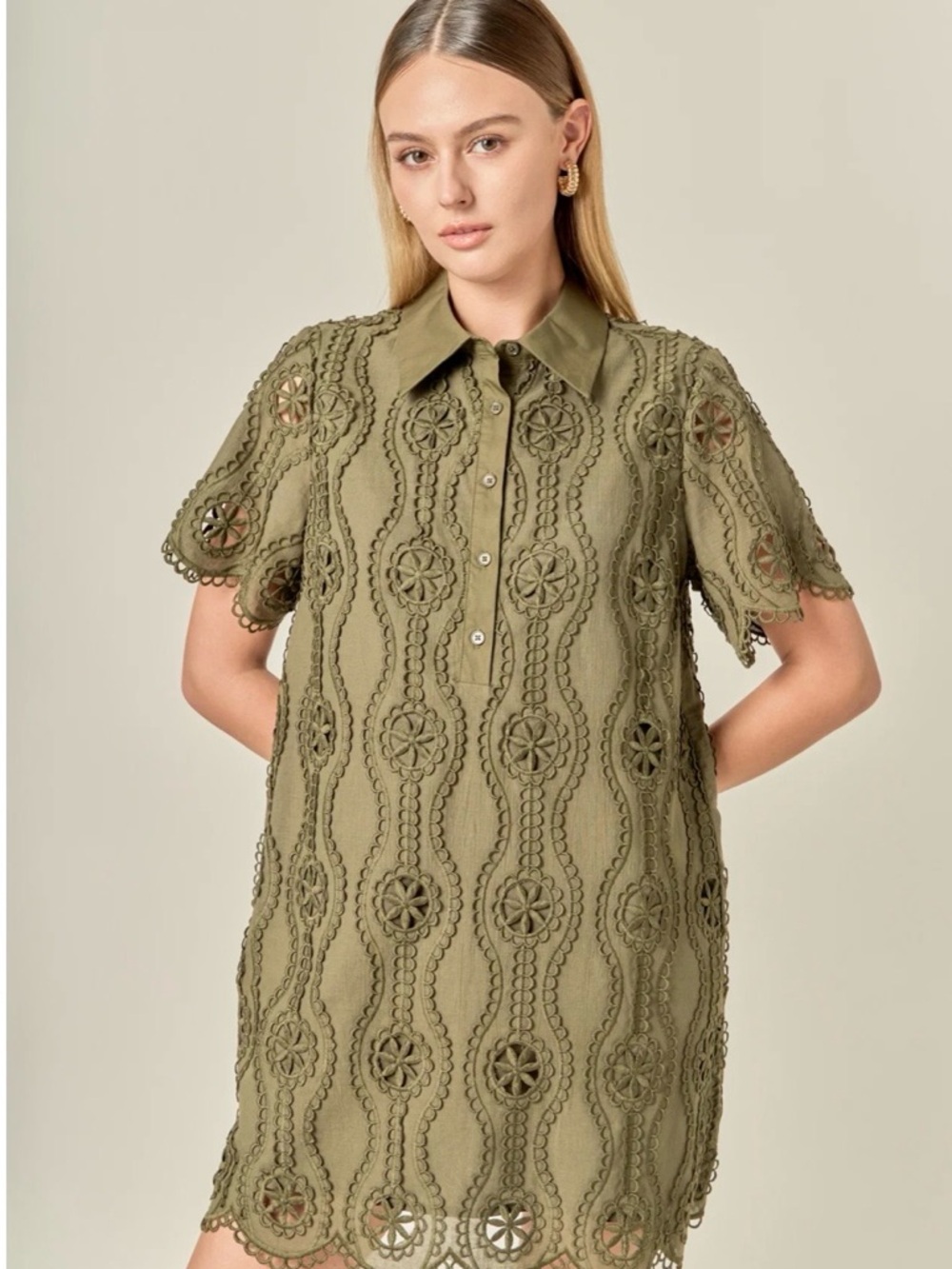 NEW WITH TAGS!!!! English Factory Olive Lace-Trim Polo Mini Dress - Picture 2 of 8